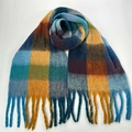 Thick colorful plaid scarf with soft fringe tassels in blue, yellow and green mix - 48# (Blue Yellow Brown Green Spliced Plaid)