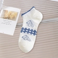 White cotton ankle socks with blue ruffled edges and cute bear pattern for women - One Size / White Blue Gingham Bear Ruffle