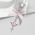 Portachiavi con fiocco rosa, chiusura a stella, ciondolo a cuore, perle e croce - Fiocco Gingham Ali Cuore Croce