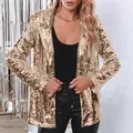 Detailed close-up of premium gold sequins on a tailored women's party blazer - M / Tops / Light gold
