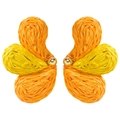Handmade raffia butterfly drop earrings in orange and yellow with golden center detail - Yellow Orange Patchwork Woven Butterfly Earrings