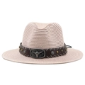 Western straw cowboy hat with vintage bull head leather band and star studs decor - M (56-58cm) / Flesh Pink