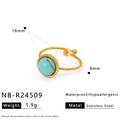 Dibujo técnico de anillo de acero dorado con piedra turquesa de 8mm y dimensiones - Estilo Turquesa (NB-R24509)