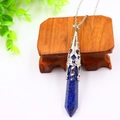 Lapis lazuli hexagonal prism pendant necklace with vintage silver hollow flower cap - Lapis Lazuli with Double Bead Pendulum Chain