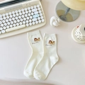 Creamy white cotton crew socks featuring cute cartoon dog embroidery and ribbed cuffs - White Embroidered Dog