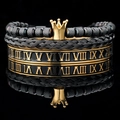 Men's 3-piece bracelet set with black beads, woven leather, and gold Roman numeral cuff - Black Gold Crown with Roman Enamel
