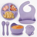 6-piece light purple silicone baby feeding set with suction plate, bowl, and bib - 6-Piece Set with Full Silicone Cutlery / Purple