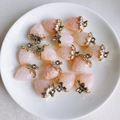 Macro shot of 13 pink resin strawberry charms with gold leaves on a white ceramic tray - 11# Semi-transparent Pink