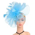 Elegant bright blue fascinator hat with tulle mesh and feathers for wedding party - Lake Blue