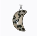 Natural dalmatian jasper crescent moon pendant with silver bail on white background - Spotted Stone