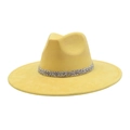 Close-up of a yellow suede fedora hat featuring a sparkling silver rhinestone band detail - 58 / Bright Yellow