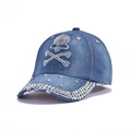 Blue denim baseball cap featuring rhinestone skull design and metal rivet accents - 8-Skull Rhinestone-Dark Blue