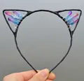 Close-up of handmade cat ear headband featuring gradient crystal stones and wire wrap - No.22 Pink-Blue Gradient