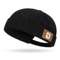 Gorro docker negro de pana con parche de cuero marrón y textura de pana acanalada - Ajustable / Negro