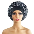 Large satin hair bonnet for women in black with white star patterns and wide elastic band - 10873 Black White Star