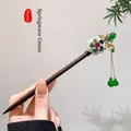 Vintage wood hair stick with green resin petals and elegant hanging tassel fringe - 77# Spring Wave Green