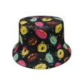 Close-up of vibrant donut print patterns on black cotton summer bucket sun hat - M(56-58cm) / Black Funny Donuts (J)