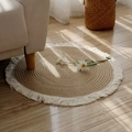 Boho round jute woven rug with white cotton tassels for minimalist home decor - 120cm / Beige with Tassels