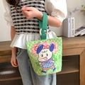 Green checkered canvas tote bag with cartoon dog print and stylish wood ring handle - Happy Doggy