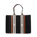 Black felt tote bag with brown leather accents and MOMPICK printed webbing straps - Black