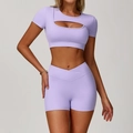 Lavender two-piece yoga set with teardrop cutout crop top and cross waist shorts - S / Top And Bottom / Short Sleeve + Shorts / Lilac Purple