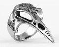 Anillo de calavera de cuervo vikingo en plata vieja con símbolo Vegvisir grabado - US 7 / Color Acero
