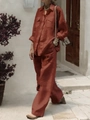 Detailed texture of rust red cotton linen shirt and wide leg trousers set - S / Brick Red