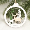 Addobbo natalizio in legno traforato con renna, neve glitterata e corda di iuta - Stile 2-Famiglia di Renne e Cedro (Glitter Bianco)