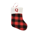 Red and black buffalo plaid Christmas stocking with white faux fur and embroidered letter Q - Letter Q