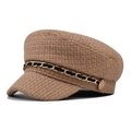 Berretto baker boy in tweed kaki con catena dorata e bottone retrò stile inglese - M (56-58cm) / Cachi
