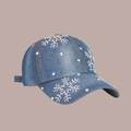 Berretto da baseball in denim blu con strass a fiocco di neve e cuciture gialle - Regolabile / Fiocco di Neve in Strass / Blu