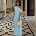 Detail of light blue one-shoulder maxi dress with elegant pleats and ruched fabric texture - S / Sky Blue