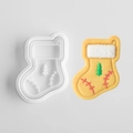 Christmas stocking cookie mold with yellow finished cookie featuring green tree and white icing - Christmas Sock A