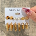 6-piece gold hoop and stud earring set with pearl and amber resin details - Amber Pearl Gold Earring Set (54046)