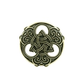 Close-up of vintage bronze Viking shield brooch with Celtic Triquetra and floral patterns - D-348 Antique Bronze Round Hollow Triquetra