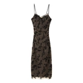 Elegantes Mesh-Bodycon-Maxikleid mit Blumenbeflockung und feinem Spitzen-Herzausschnitt - XS / Schwarz