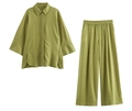 Completo due pezzi in lino verde oliva con camicia a maniche lunghe e pantaloni - Set con Zirconia Verde