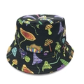 Close-up of black bucket hat featuring vibrant colorful mushroom pattern prints - M (56-58cm) / 2# Black Colorful Mushroom