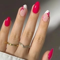 Almond-shaped press-on nails with rose red finish and delicate floral French design - Pink Floral French Style (AW386)
