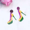 Acrylic glitter purple high heel dangle earrings with wavy color block pattern - Shoe