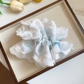 Elegant white and light blue tie-dye satin scrunchie with delicate white lace trim edge - Scrunchie / Blue Lace Trim