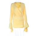 Slim fit light yellow long sleeve V-neck ruched mini dress for women on mannequin - S / Yellow