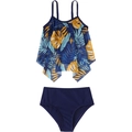 Girls' two-piece bikini featuring tropical leaf print top with ruffle sleeves and blue bottoms - 152 / Navy Blue Mesh