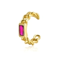 Golden 925 silver ear cuff with woven chain design and a pink rectangular crystal - Red Zirconia-Gold
