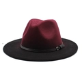 Detail of wool fedora hat with burgundy crown, black brim, and leather belt buckle - M(56-58cm) / Wine Red and Black Gradient