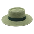 Detail of green straw boater hat with wide flat brim and dark green ribbon band - Army Green