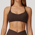 Dunkelbrauner Yoga-Sport-BH für Damen mit schmalen Trägern und passender Cross-Taillen-Hose - XL / Kaffeebraun