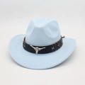 Light blue western felt cowboy hat with longhorn skull metal buckle and leather band - Sky Blue