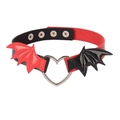 Detail of punk choker with red and black leather wings and silver heart ring - Black Red Wings Black Red Spliced PU Choker