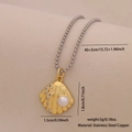 Golden shell pendant necklace with white pearl and rhinestones on grey bead chain - 4# Scallop